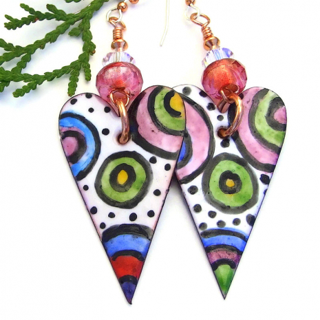 pink white red green black and blue enamel valentines heart earrings