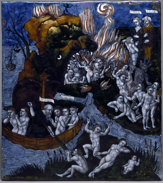 Aeneas waits with the Cumean Sibyl for Charon's barge, which will take him across the river Acheron to the entrance of the Underworld, where he will visit his father, Anchises. The mouth of Hell is represented in the gothic manner as the head of a monster.