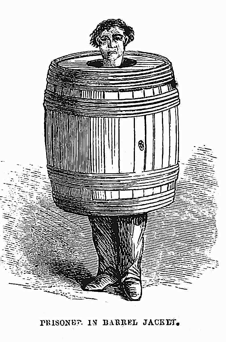 a judge applies humiliation in 1865 USA, "Prisoner in Barrel Jacket" illustration