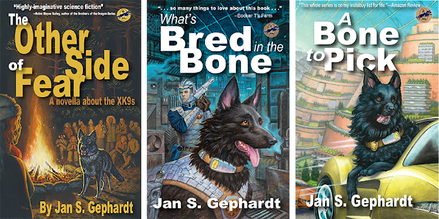 L-R, the covers for “The Other Side of Fear,” “What’s Bred in the Bone,” and “A Bone to Pick,” by Jan S. Gephardt.