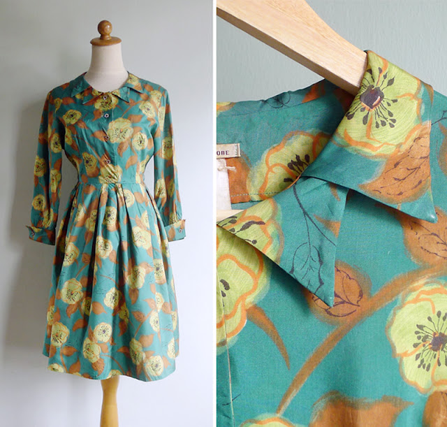 vintage 50s 60s double collar silk shirtwaist dress