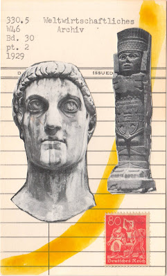 emperor Constantine statue bust legalization of Christianity Mayan art vintage postage stamp library due date card collage art by Justin Marquis