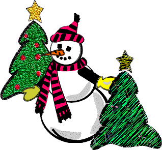 Clip art of Snowman with two decorated Christmas(Xmas) trees with stars and baubles download free Christian Christmas photos and wallpapers