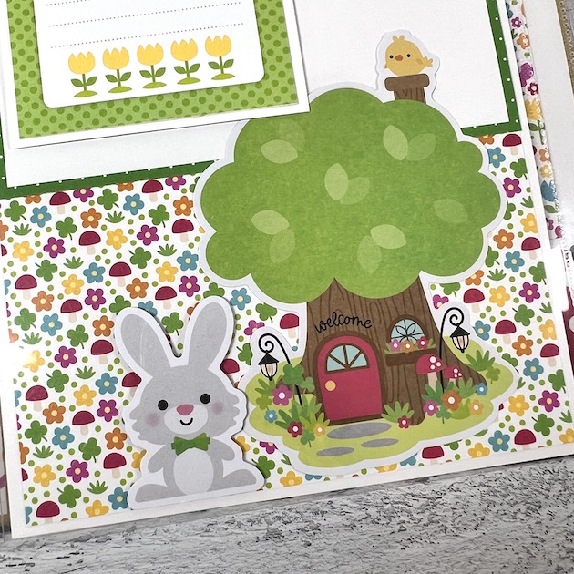 Lucky & Blessed Spring Scrapbook Album Page with bunny rabbit & treehouse