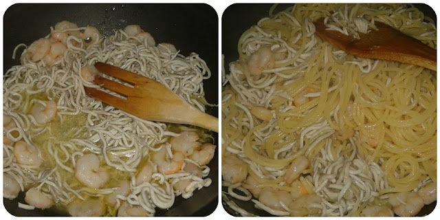 espaguetis con gulas y gambas