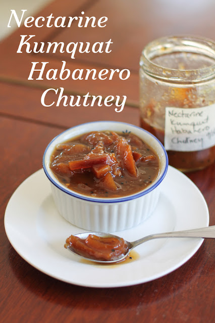 Food Lust People Love: Nectarine Kumquat Habanero Chutney has the perfect blend of sweet and sharp and spicy. The tart kumquats add an extra bite to the sweet nectarines and the heat of the habaneros complements the dried spices, giving this chutney a distinctly Indian flair.