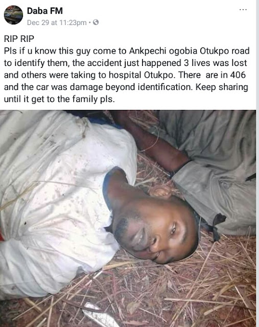  Photo: Who knows this youngman? He, two others were killed in accident last night in Benue State