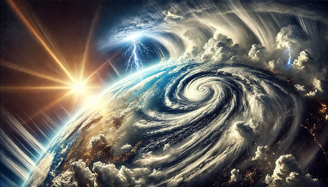 高高度から見た地球の気象システム。渦巻く雲、雷、晴天が混在し、太陽光が雲を突き抜ける壮大な光景。