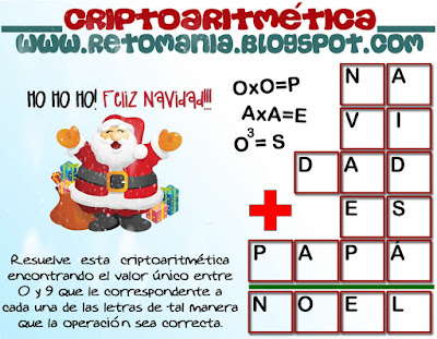 Alfamética, Criptoaritmética, Criptosuma, Criptogramas, Matemáticas y navidad, Juego de letras