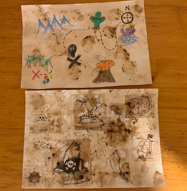 Handmade treasure maps, stained with tea