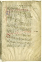 A color scan of a page from the Brut chronicle, including two decorative initials in red and blue.