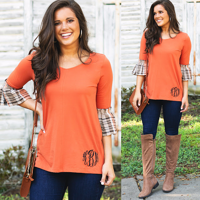 pumpkin bell sleeve top outfit