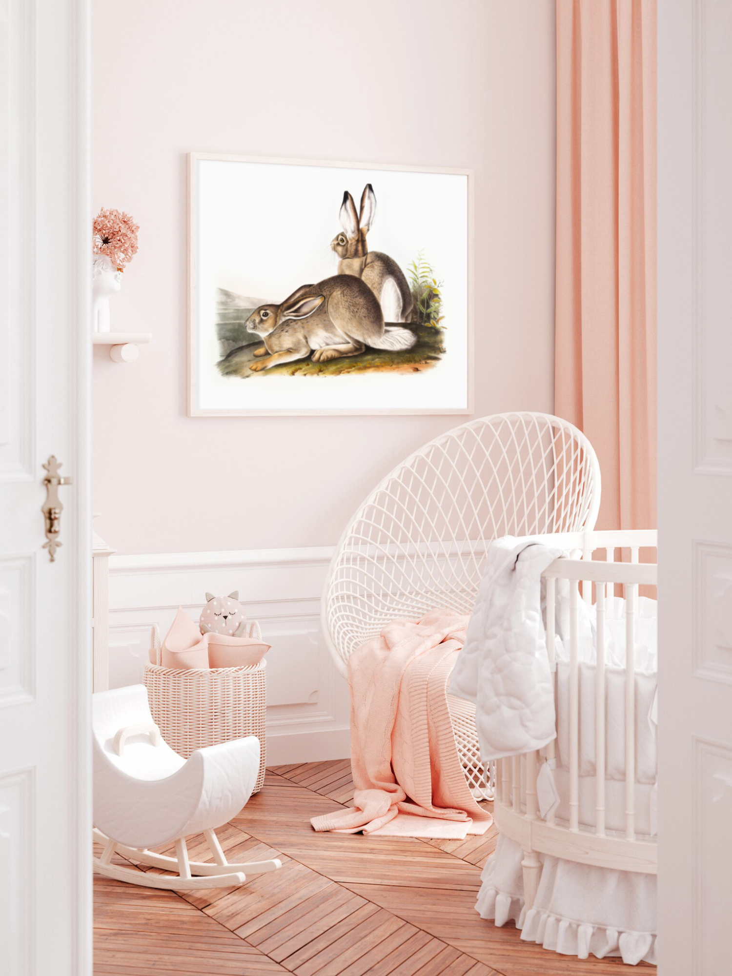 Cottagecore Aesthetic pink nursery with vintage bunny print