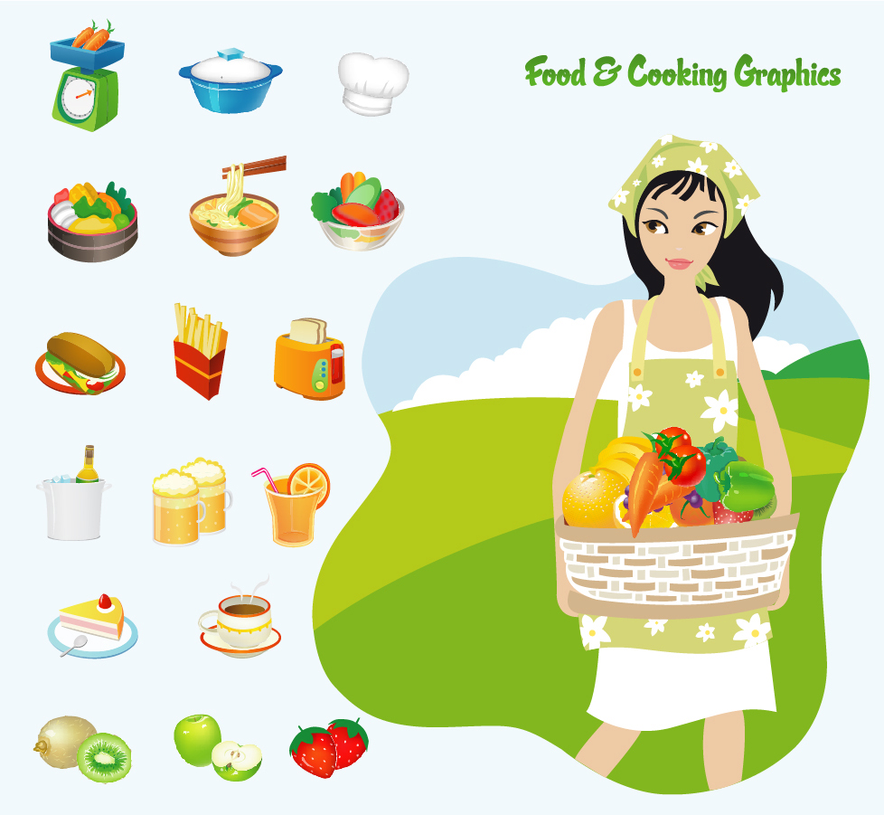 食材を運ぶ女性のクリップアート Food & Cooking Vector Art イラスト素材