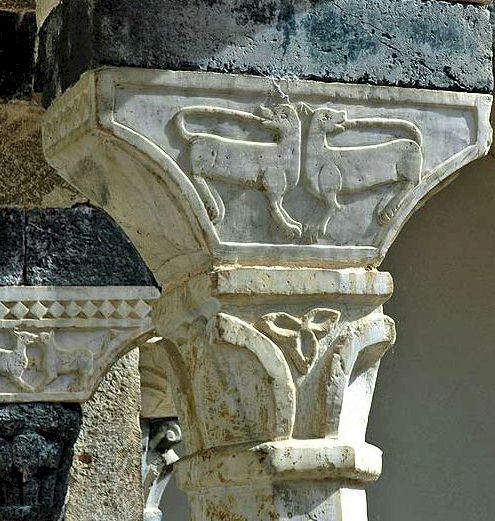 Carved capital at the Abbey of Santa Mustiola