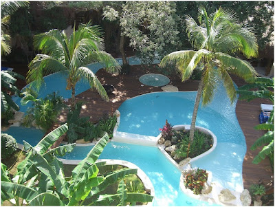 Pools and wood. Wooden decks on poolside