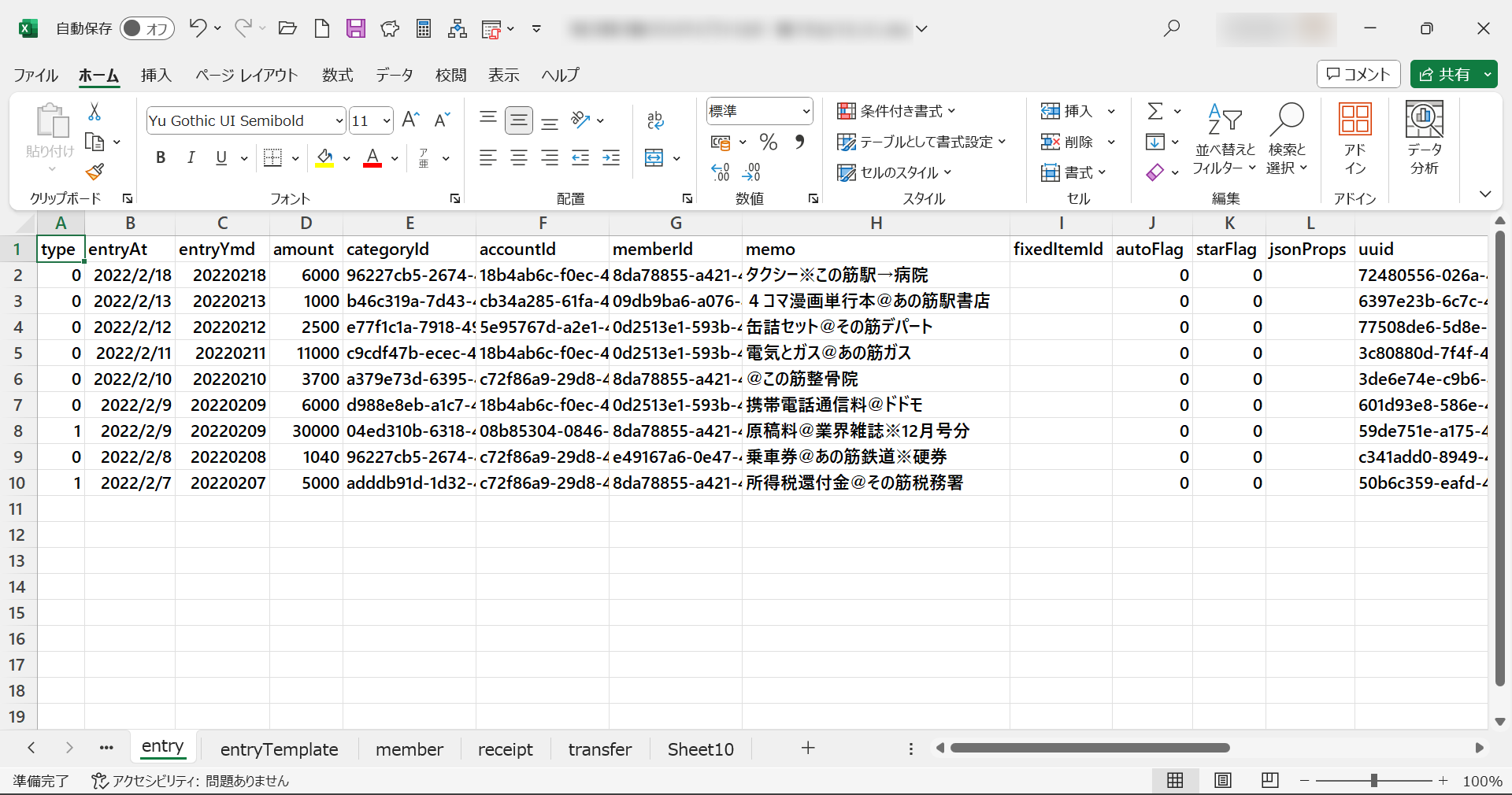 毎日家計簿のバックアップファイルのentry.csvの中身