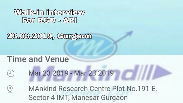 Mankind Pharma | Walk-in for Research scientists-API | 23 March 2019 | Gurgaon