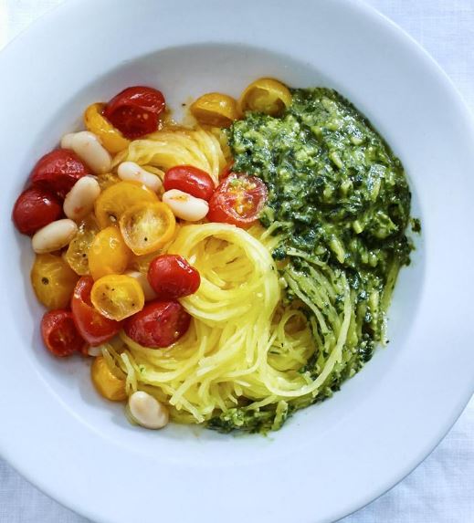 Spaghetti Squash with Simmered Tomatoes, Beans &amp; Almond Pesto