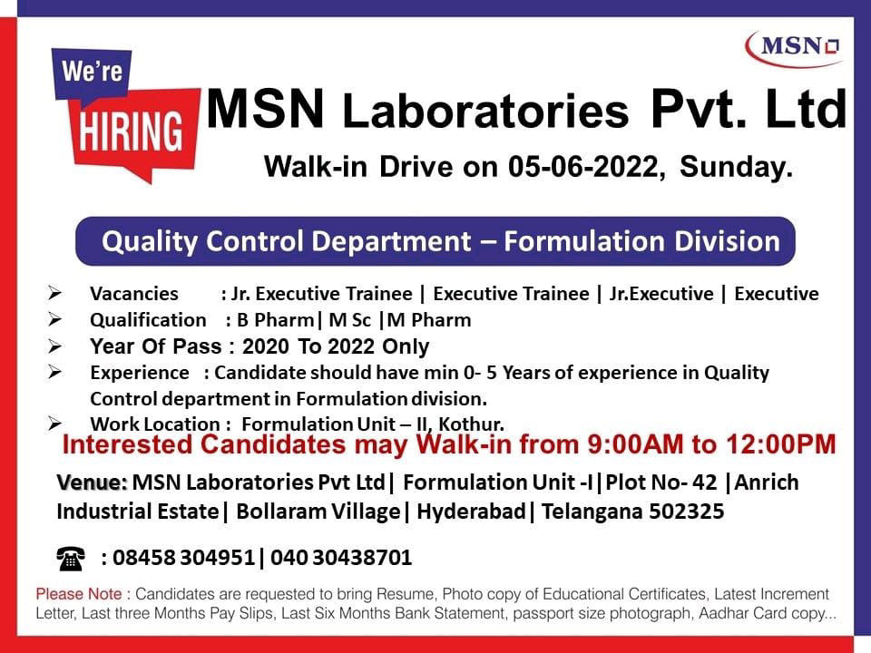 Job Available's for MSN Laboratories Pvt. Ltd Walk-In Interview for B Pharm/ MSc/ M Pharm