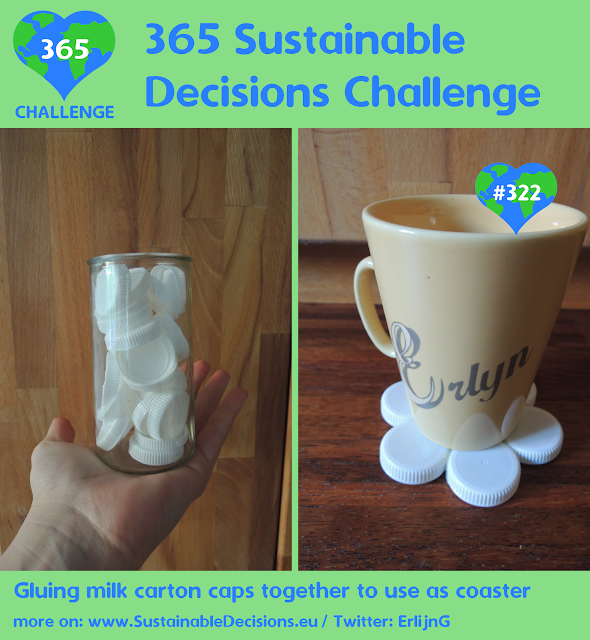 Gluing milk carton caps together to use as coaster, reducing waste, reducing plastic waste, saving money, upcycling