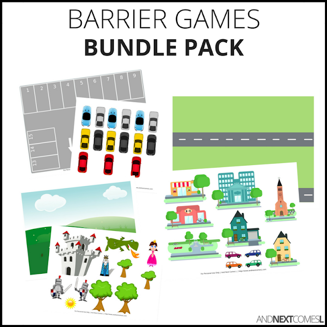 Speech therapy barrier game printables from And Next Comes L