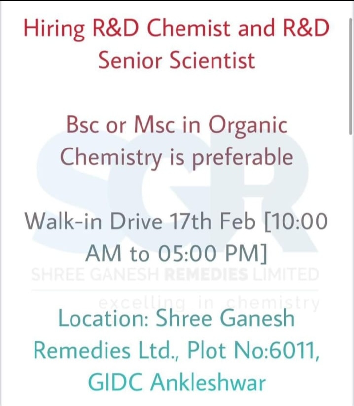 Job Availables, Shree Ganesh Remedies Ltd Walk In Interview For R&D Department