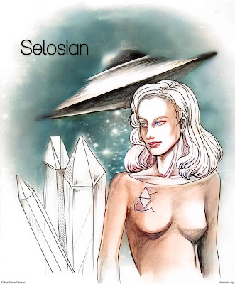 Artwork of a Selosian woman, symbolizing the guardians of Alpha Centauri 4, alongside with a UFO ship