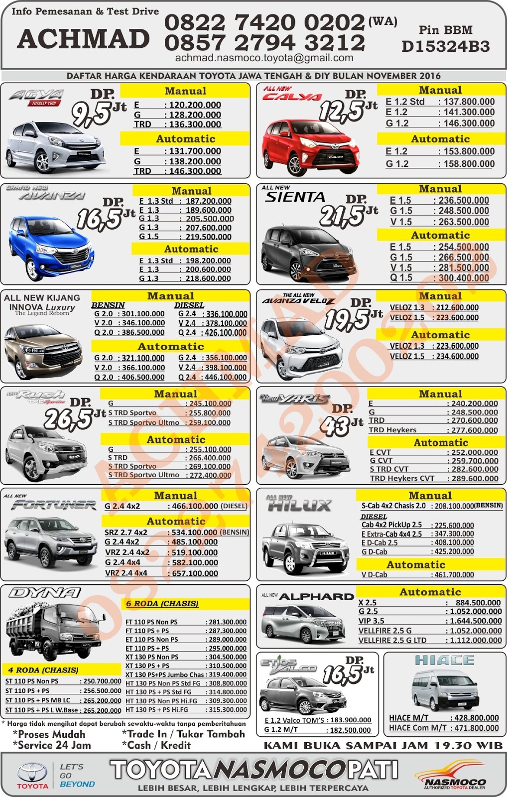 Daftar harga mobil Toyota Nasmoco Pati Bulan November 2016 TOYOTA 