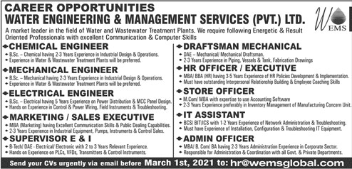 Water Engineering And Management Services (WEMS) Jobs 2021 in Pakistan - Online Apply :- hr@wemsglobal.com