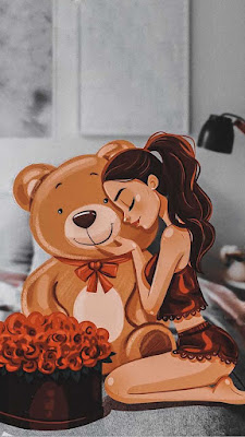 بنت جميلة مرسومة مع دب ، Girl with bear