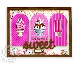 Sunny Studio Blog: Sweet Birthday Ice Cream Cone, Sundae & Popsicle Shaker Card by Mendi Yoshikawa (using Summer Sweets Stamps, Sweet Word Die & Stitched Arch Dies)