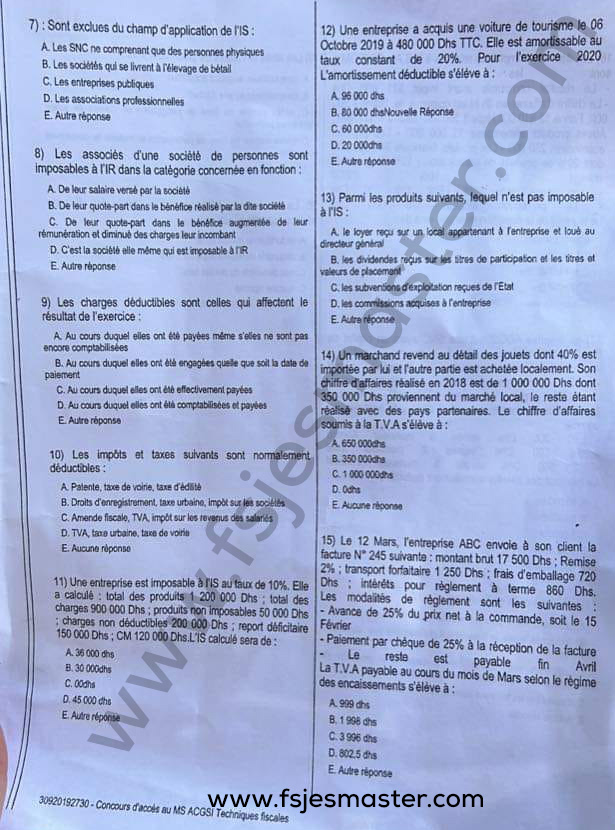 Exemple Concours Master Audit Contrôle de Gestion et Système d'Information (ACGSI) 2023-2024 - Fsjes Ain Chock