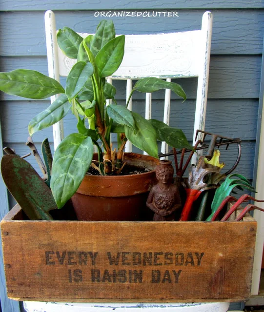 Wooden Crate with Garden Tools Vignette on Chair