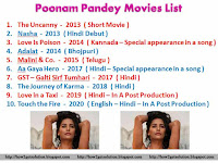 Poonam P Movies From, The Uncanny-2013-Short Movie, Nasha-2013-Hindi Debut, Love Is Poison-2014-Kannada-Special appearance in a song, Adalat-2014-Bhojpuri, Malini and Co-2015-Telugu, Aa Gaya Hero-2017-Hindi-Special appearance in a song, GST-Galti Sirf Tumhari-2017-Hindi, The Journey of Karma-2018-Hindi, Love in a Taxi-2019-Hindi-In A Post Production, Touch the Fire-2020-English-Hindi-In A Post Production