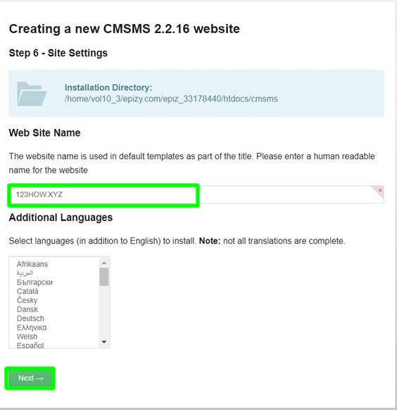cmsms installation website name