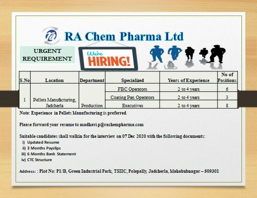 RA Chem Pharma Ltd Hiring for Production department...