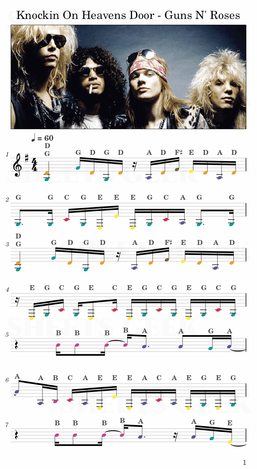 Knockin On Heavens Door - Guns N' Roses Easy Sheet Music Free for piano, keyboard, flute, violin, sax, cello page 1