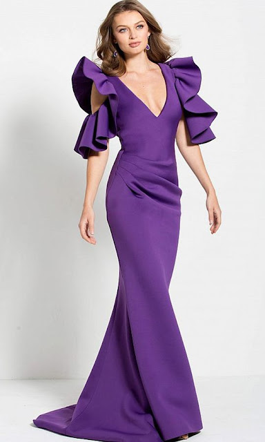 RUFFLE OPEN SHOULDER SLEEVES LONG SCUBA EVENING GOWN