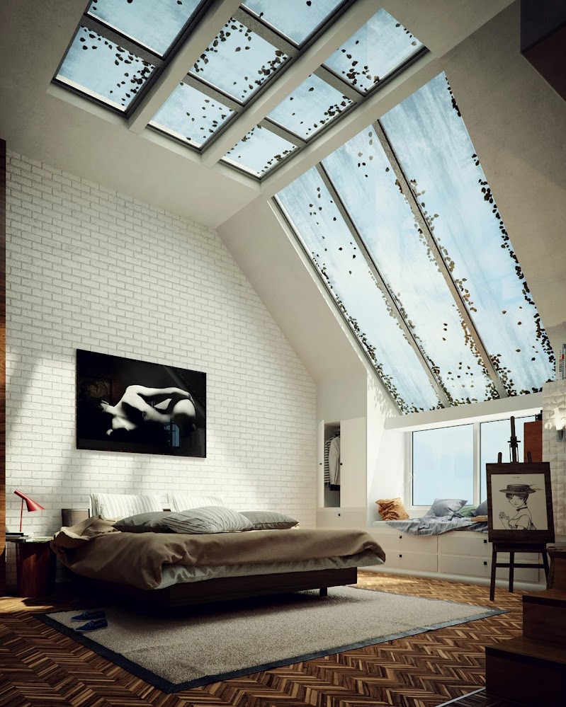 wide-skylight-bedroom-with-exposed-brick