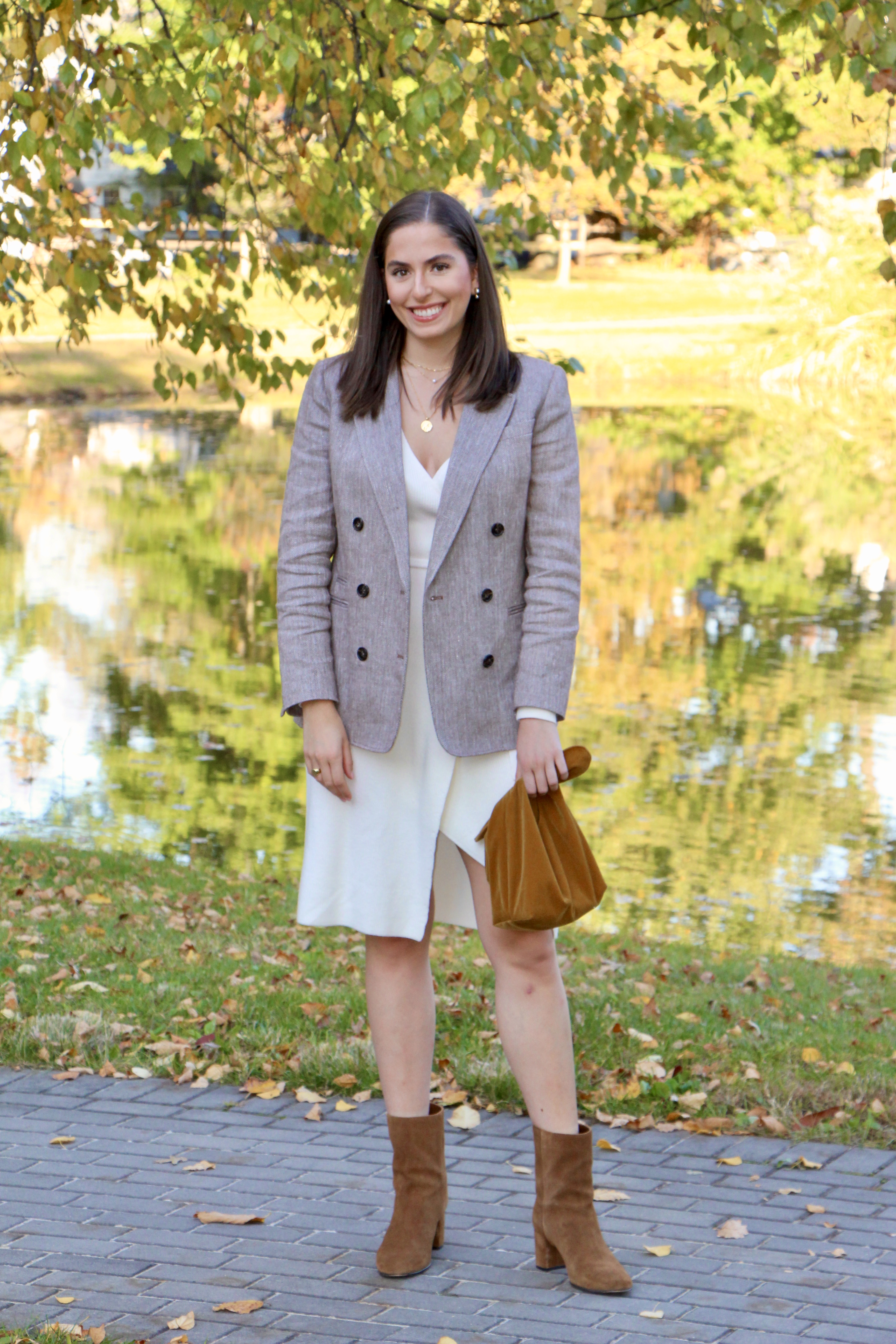 fall fashion, law school, fall dress, thanksgiving outfit idea, suede boots, ankle boots, tweed blazer, fall foliage