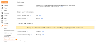 Setelan pada Preferensi Penelusuran Pada Blogger