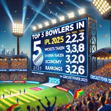 A 3D-rendered cricket stadium featuring a large scoreboard displaying 'Top 5 Bowlers in IPL 2025' with stats like wickets taken and economy rates. The stadium is filled with cheering fans, bright floodlights, and banners displaying 'https://cricketfever2025.blogspot.com/'."