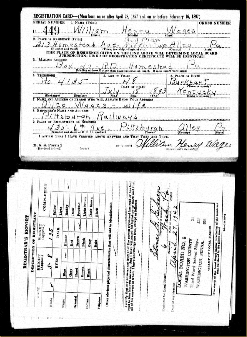U.S. World War II Draft Registration Cards, 1942 Record for William Henry Wages