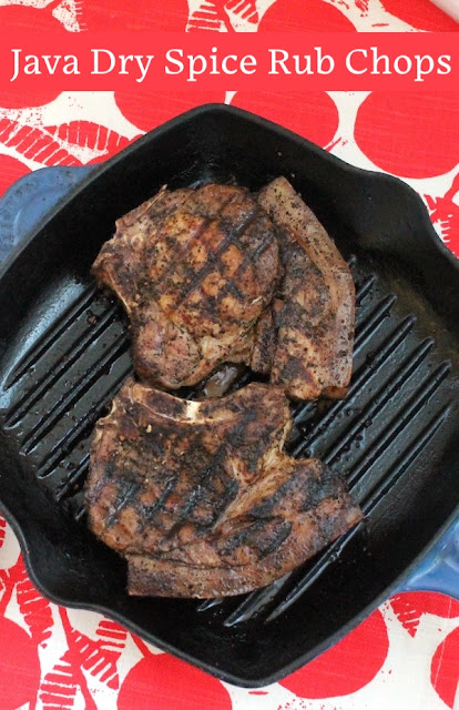 Food Lust People Love: These java dry spice mix chops are seared for a few minutes in a hot grill pan, then finished off in a hot oven, which keeps them tender and juicy. The java dry spice rub is made with ground roasted coffee beans, cumin, brown sugar, smoked paprika and garlic powder. And, of course, salt!