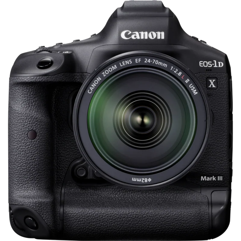 Front image of the Canon EOS-1D X Mark III camera with a lens attached