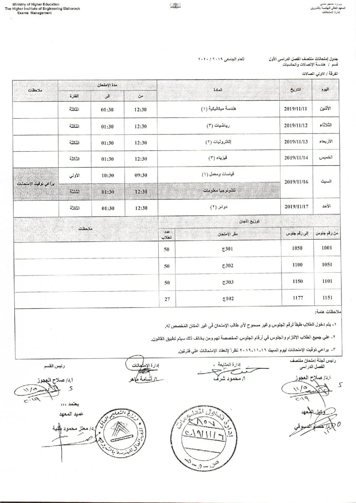 جدول امتحانات اولي اتصالات هندسة الشروق الميدترم 2019-2020