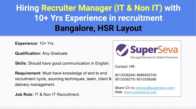 Now Hiring Recruitment Manager in Bangalore with 10+ yrs of experience in similar role, Salary up to INR 10.0LPA- please refer full details below