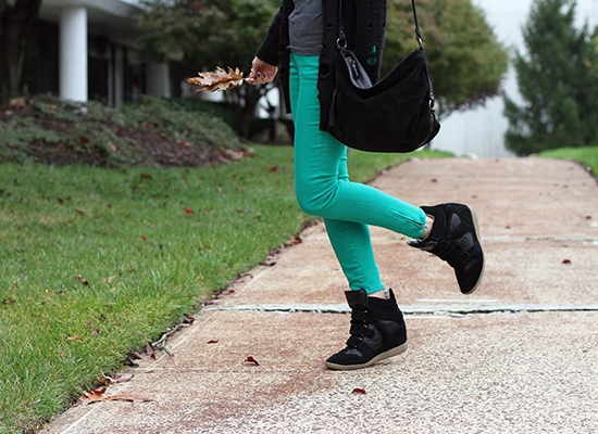 The Wind of Inspiration Outfit of the Day Post  - “Walking In My Wedge Sneakers” (American Eagle Outfitters Top, Asos Holey Cardigan, Free People Skinny Jeans, Steve Madden Hilight Wedge Sneakers, Eileen Fisher Shoulder Bag, H&M Animal Print Scarf, Asos Oversized Retro Sunglasses, Black Colored Stone Stud Earrings, Sinful Colors Professional 1062 Leap Flog Nail Polish)