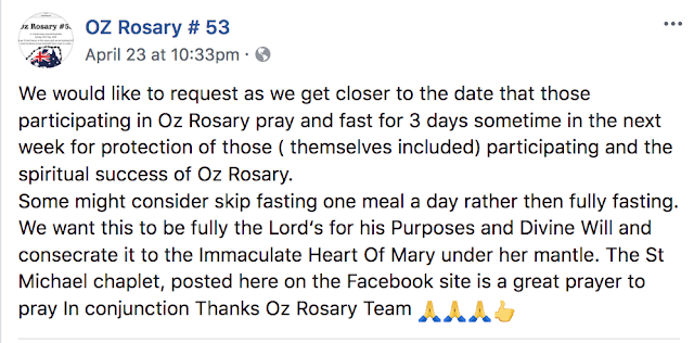 An image of Oz Rosary #53 Facebook post encouraging participants of this national prayer event to fast.